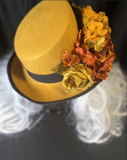Colonel Mustard Golden Harvest Top Hat – Mustard Yellow Top Hat, Floral Steampunk Hat, Victorian Dapper Hat, Autumn Hat, Ren Faire, Cosplay