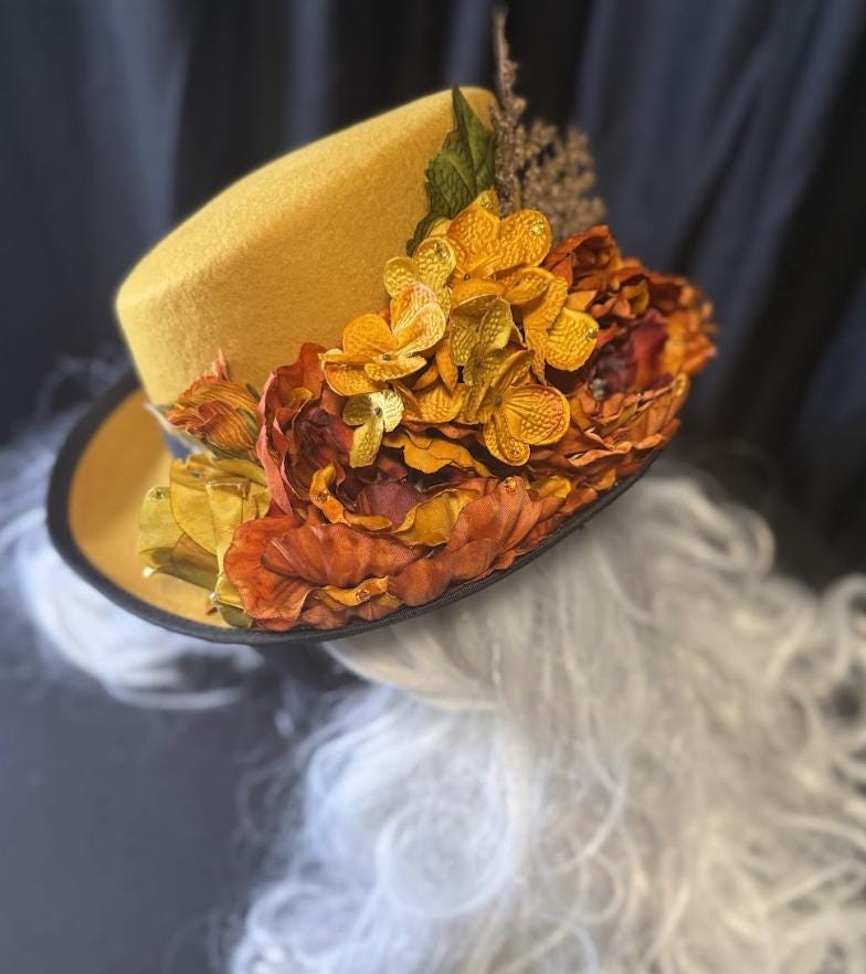 Colonel Mustard Golden Harvest Top Hat – Mustard Yellow Top Hat, Floral Steampunk Hat, Victorian Dapper Hat, Autumn Hat, Ren Faire, Cosplay
