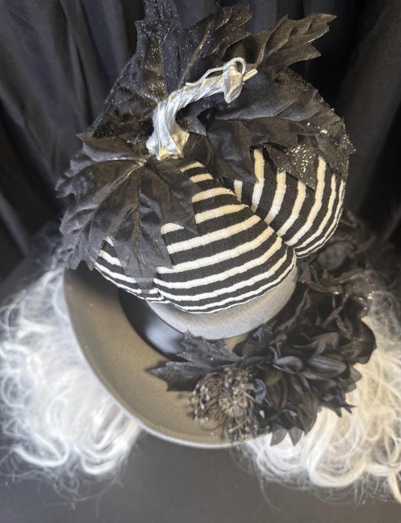 Pumpkin Head Striped Harvest Top Hat – Halloween Top Hat, Black White Stripe Hat, Gothic Whimsy Hat, Beetlejuice Style, Cosplay, Ren Faire