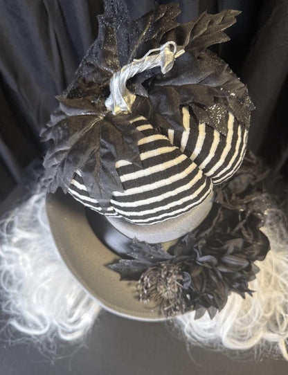 Pumpkin Head Striped Harvest Top Hat – Halloween Top Hat, Black White Stripe Hat, Gothic Whimsy Hat, Beetlejuice Style, Cosplay, Ren Faire