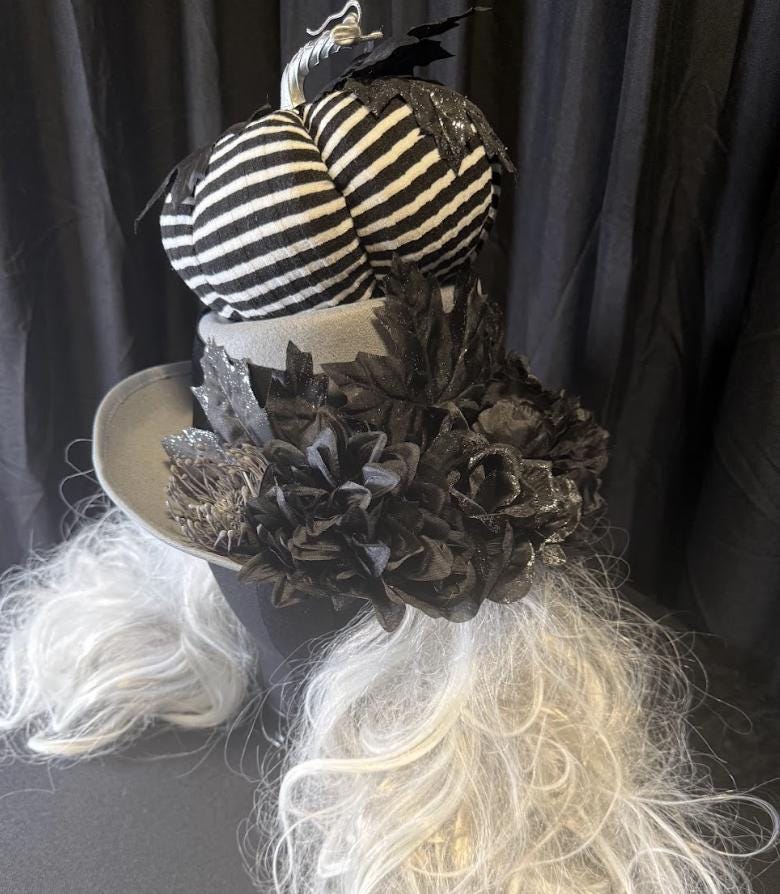 Pumpkin Head Striped Harvest Top Hat – Halloween Top Hat, Black White Stripe Hat, Gothic Whimsy Hat, Beetlejuice Style, Cosplay, Ren Faire