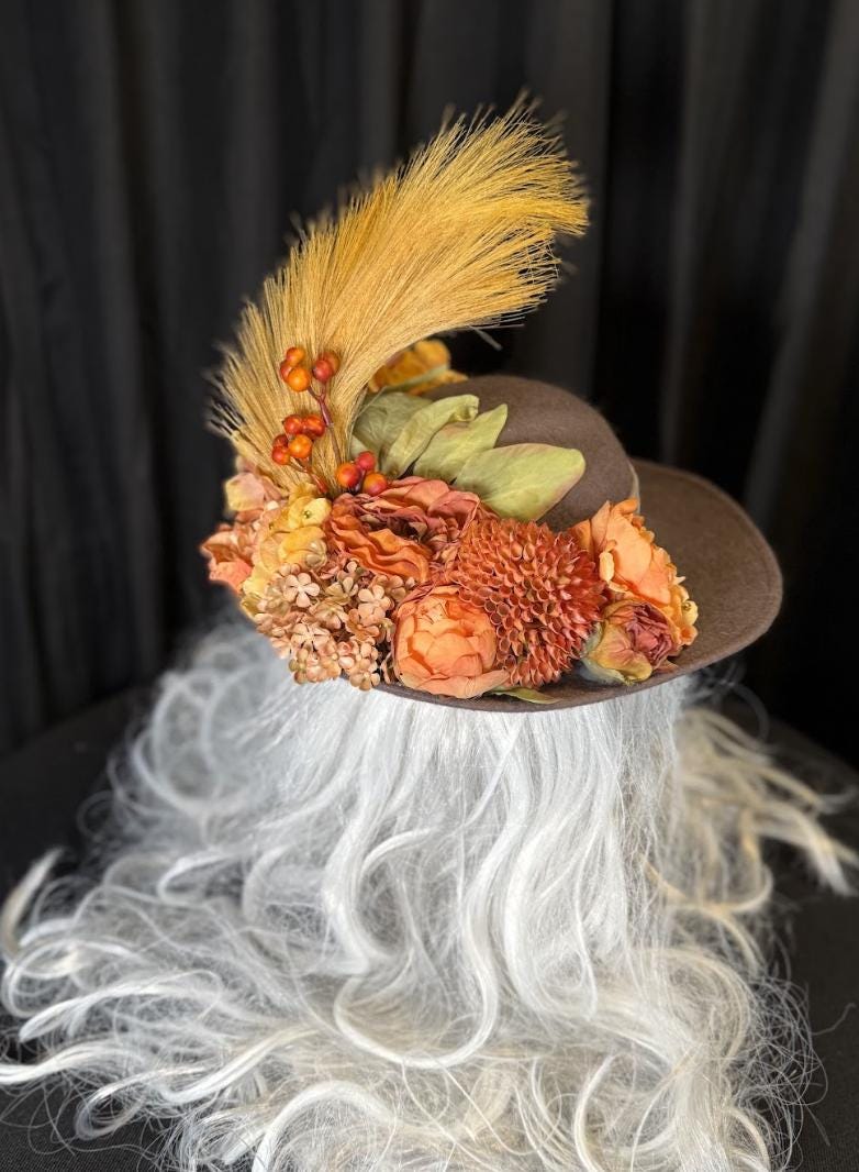 Earl Gray Autumn Boho Hat – Neutral Fall Hat, Vintage Floral Hat, Wide Brim Hat, Cottagecore Hat, Harvest Festival Style