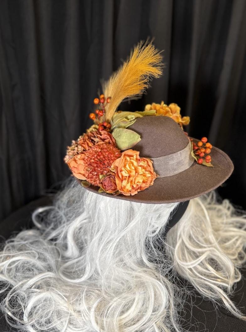 Earl Gray Autumn Boho Hat – Neutral Fall Hat, Vintage Floral Hat, Wide Brim Hat, Cottagecore Hat, Harvest Festival Style
