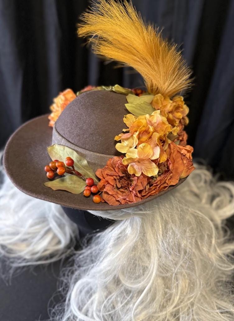 Earl Gray Autumn Boho Hat – Neutral Fall Hat, Vintage Floral Hat, Wide Brim Hat, Cottagecore Hat, Harvest Festival Style