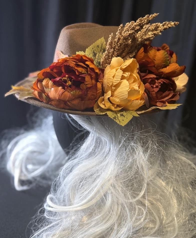 Turning Leaf Autumn Boho Hat – Fall Floral Hat, Wide Brim Hat, Harvest Festival Hat, Cottagecore Hat, Thanksgiving Outfit
