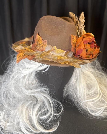 Turning Leaf Autumn Boho Hat – Fall Floral Hat, Wide Brim Hat, Harvest Festival Hat, Cottagecore Hat, Thanksgiving Outfit