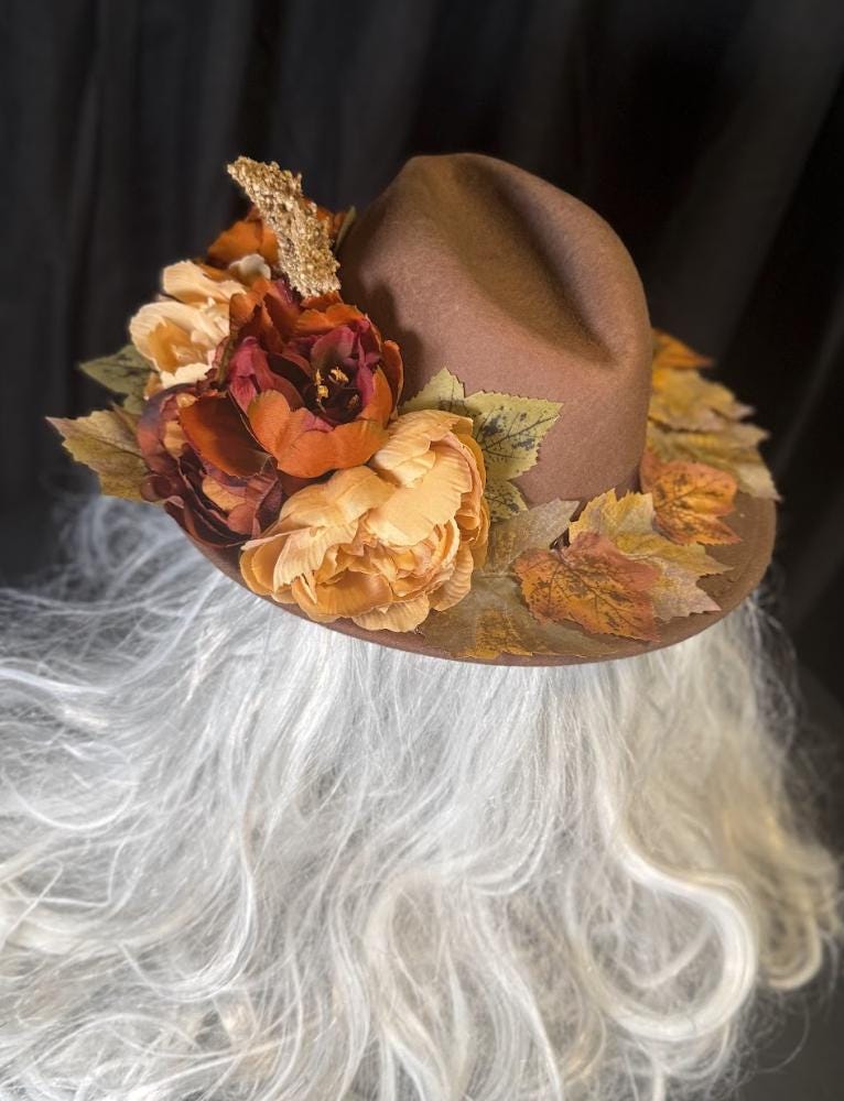 Turning Leaf Autumn Boho Hat – Fall Floral Hat, Wide Brim Hat, Harvest Festival Hat, Cottagecore Hat, Thanksgiving Outfit