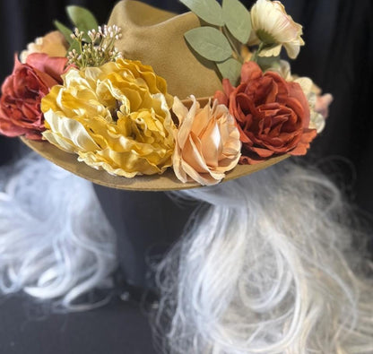 Sunset Dune Boho Floral Hat – Bohemian Wide Brim Hat, Festival Hat, Floral Crown Hat, Desert Style, Summer Hat, Cottagecore