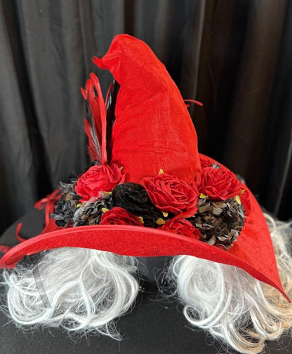 Rose Witch Enchanted Witch Hat – Red Velvet Witch Hat, Gothic Rose Headpiece, Dark Romantic Hat, Halloween Costume, Ren Faire, Cosplay