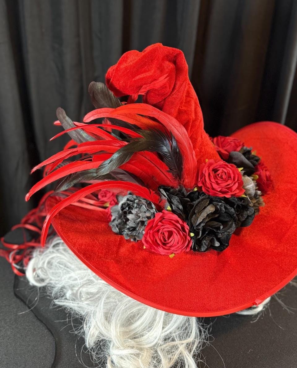 Rose Witch Enchanted Witch Hat – Red Velvet Witch Hat, Gothic Rose Headpiece, Dark Romantic Hat, Halloween Costume, Ren Faire, Cosplay