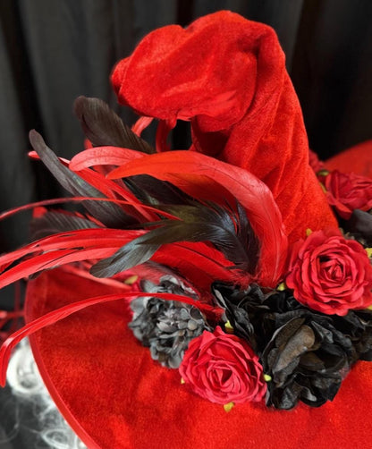 Rose Witch Enchanted Witch Hat – Red Velvet Witch Hat, Gothic Rose Headpiece, Dark Romantic Hat, Halloween Costume, Ren Faire, Cosplay