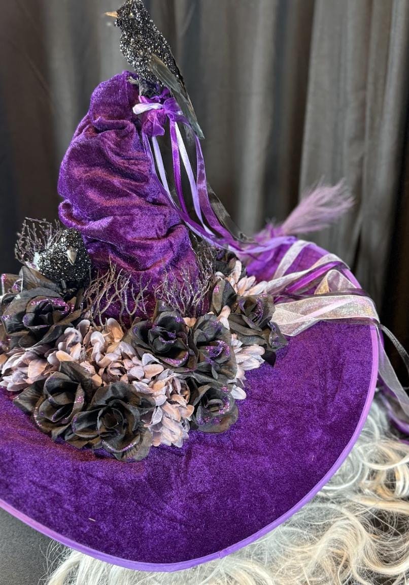 Raven Whisper Witch Hat – Velvet Gothic Witch Hat, Black Raven Headpiece, Dark Fantasy Hat, Halloween Costume, Ren Faire, Cosplay