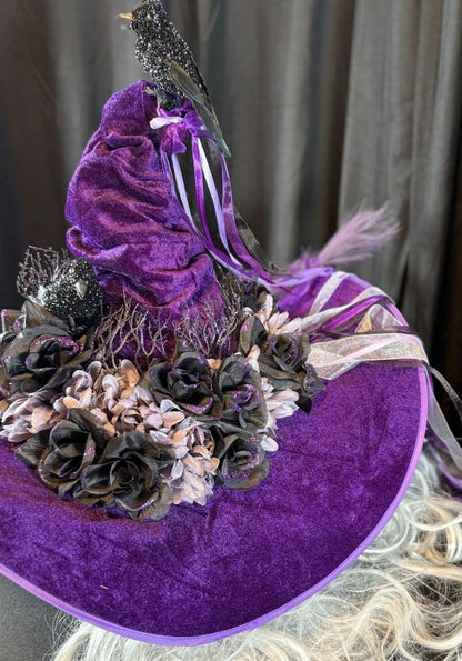 Raven Whisper Witch Hat – Velvet Gothic Witch Hat, Black Raven Headpiece, Dark Fantasy Hat, Halloween Costume, Ren Faire, Cosplay
