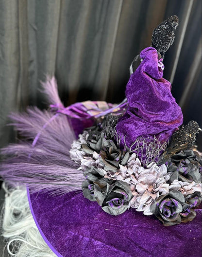 Raven Whisper Witch Hat – Velvet Gothic Witch Hat, Black Raven Headpiece, Dark Fantasy Hat, Halloween Costume, Ren Faire, Cosplay