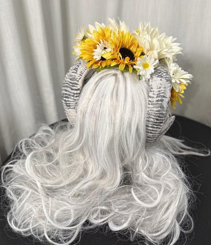 Sunkeeper Horned Headdress, Ram Horn Headpiece, Sunflower Flower Crown, Elven Tiara, Fairy Crown, Ren Faire Costume, Photoshoot Prop
