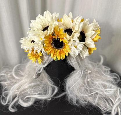 Sunkeeper Horned Headdress, Ram Horn Headpiece, Sunflower Flower Crown, Elven Tiara, Fairy Crown, Ren Faire Costume, Photoshoot Prop