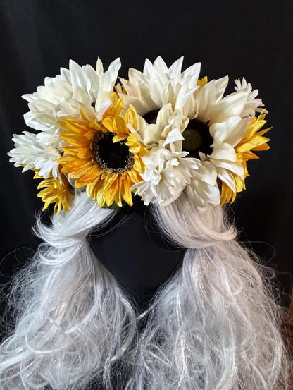Sunkeeper Horned Headdress, Ram Horn Headpiece, Sunflower Flower Crown, Elven Tiara, Fairy Crown, Ren Faire Costume, Photoshoot Prop