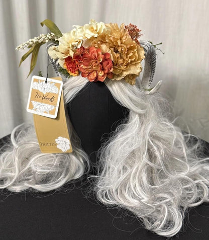 Horned Headdress Flower Crown, Ram Horn Headpiece, Elven Tiara, Fairy Crown, Ren Faire Costume, Fantasy Headpiece, Photoshoot Prop