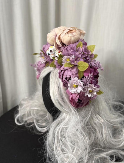 La Flor del Recuerdo Fascinator, Sugar Skull Crown, Día de los Muertos Headpiece, Floral Skull Crown, Lavender Crown, Festival Headpiece