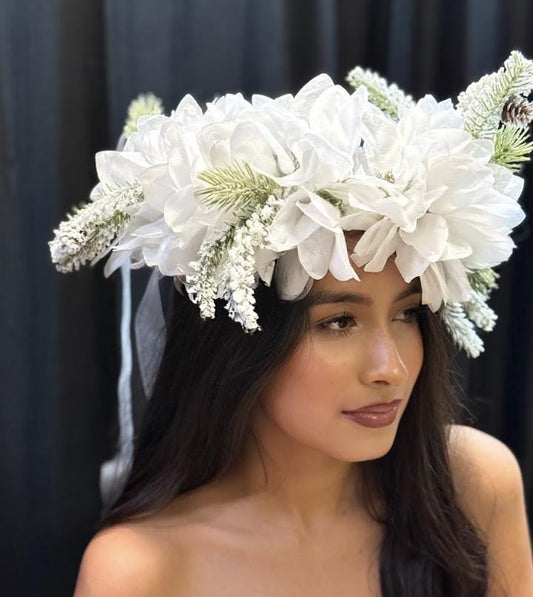 Winterborne Snowy Poinsettia Holiday Garland | White Christmas Crown, Ice Queen Halo, Winter Wedding Headpiece, Frosted Floral Tiara