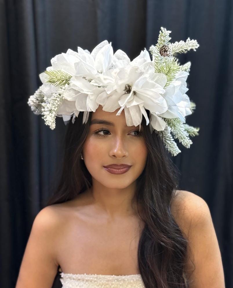 Winterborne Snowy Poinsettia Holiday Garland | White Christmas Crown, Ice Queen Halo, Winter Wedding Headpiece, Frosted Floral Tiara