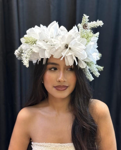 Winterborne Snowy Poinsettia Holiday Garland | White Christmas Crown, Ice Queen Halo, Winter Wedding Headpiece, Frosted Floral Tiara