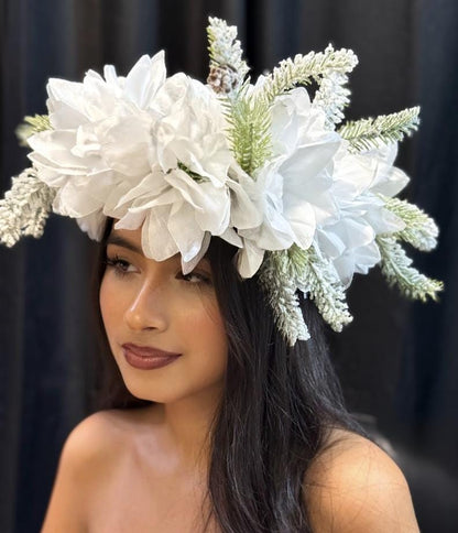 Winterborne Snowy Poinsettia Holiday Garland | White Christmas Crown, Ice Queen Halo, Winter Wedding Headpiece, Frosted Floral Tiara