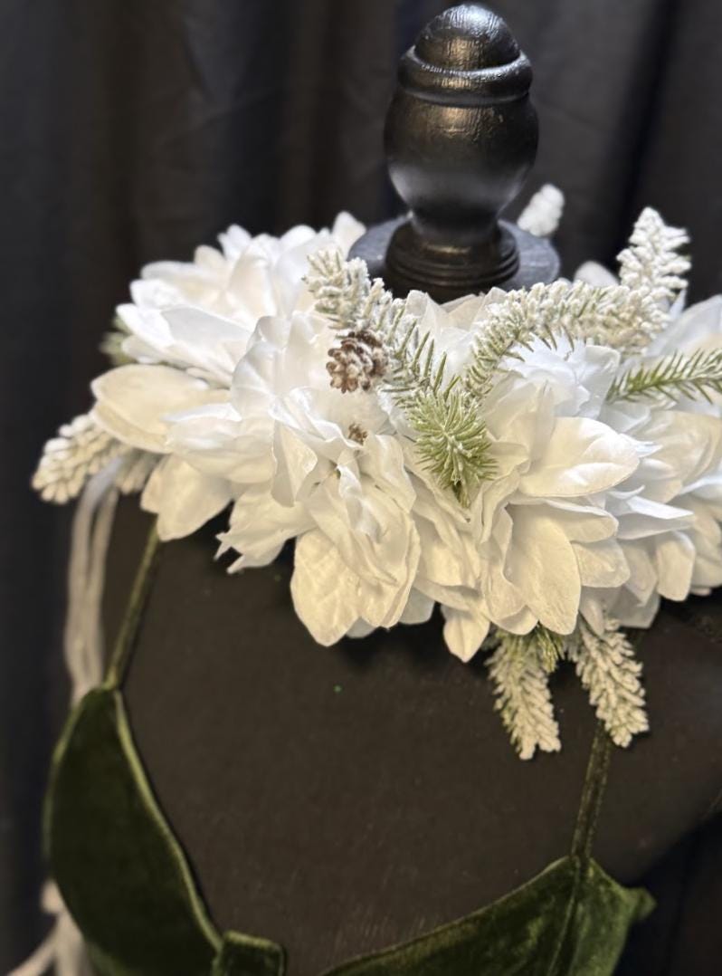 Winterborne Snowy Poinsettia Holiday Garland | White Christmas Crown, Ice Queen Halo, Winter Wedding Headpiece, Frosted Floral Tiara
