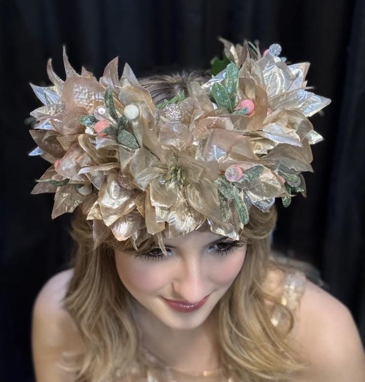 Sugarplum Pink & Gold Holiday Garland | Christmas Poinsettia Crown, Glittering Winter Halo, Festive Fairy Tiara, Photoshoot Headpiece