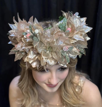 Sugarplum Pink & Gold Holiday Garland | Christmas Poinsettia Crown, Glittering Winter Halo, Festive Fairy Tiara, Photoshoot Headpiece