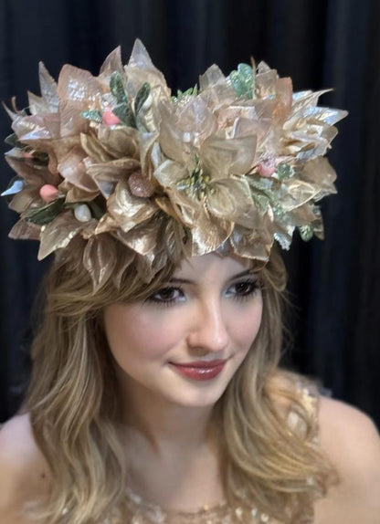 Sugarplum Pink & Gold Holiday Garland | Christmas Poinsettia Crown, Glittering Winter Halo, Festive Fairy Tiara, Photoshoot Headpiece