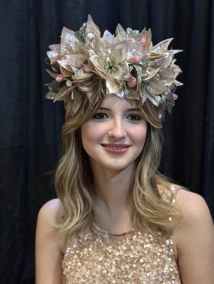 Sugarplum Pink & Gold Holiday Garland | Christmas Poinsettia Crown, Glittering Winter Halo, Festive Fairy Tiara, Photoshoot Headpiece