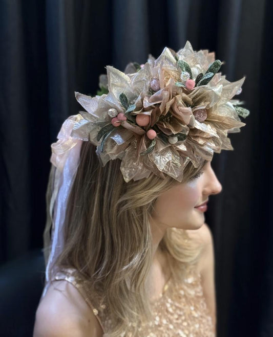 Sugarplum Pink & Gold Holiday Garland | Christmas Poinsettia Crown, Glittering Winter Halo, Festive Fairy Tiara, Photoshoot Headpiece