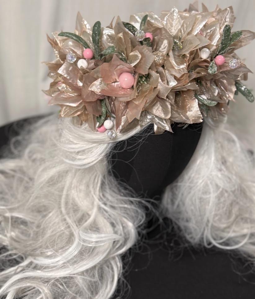 Sugarplum Pink & Gold Holiday Garland | Christmas Poinsettia Crown, Glittering Winter Halo, Festive Fairy Tiara, Photoshoot Headpiece