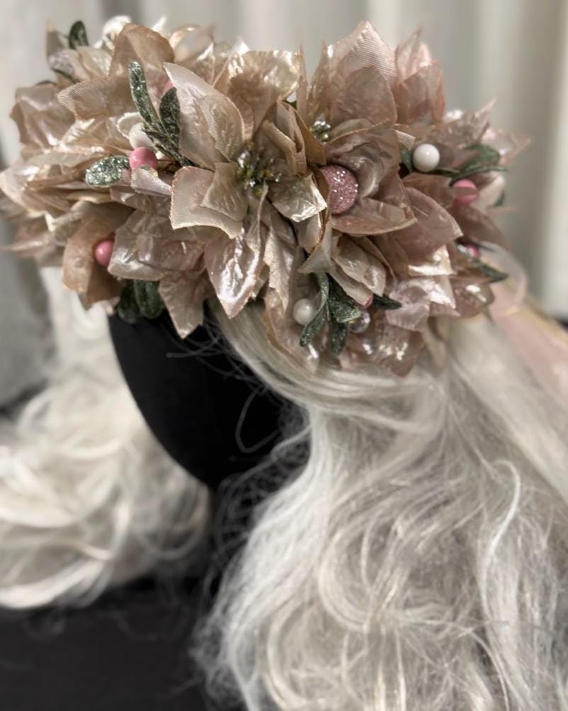 Sugarplum Pink & Gold Holiday Garland | Christmas Poinsettia Crown, Glittering Winter Halo, Festive Fairy Tiara, Photoshoot Headpiece