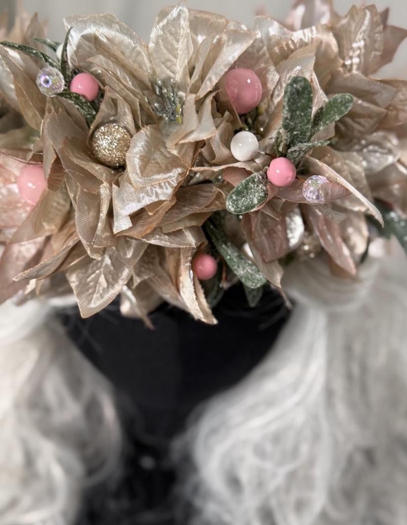 Sugarplum Pink & Gold Holiday Garland | Christmas Poinsettia Crown, Glittering Winter Halo, Festive Fairy Tiara, Photoshoot Headpiece