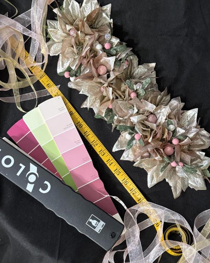 Sugarplum Pink & Gold Holiday Garland | Christmas Poinsettia Crown, Glittering Winter Halo, Festive Fairy Tiara, Photoshoot Headpiece