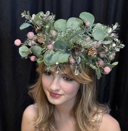 Frosted Eucalyptus Holiday Garland | Pink & Gold Christmas Crown, Woodland Winter Halo, Sparkling Eucalyptus Tiara, Festive Fairy Headpiece