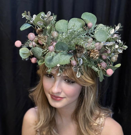 Frosted Eucalyptus Holiday Garland | Pink & Gold Christmas Crown, Woodland Winter Halo, Sparkling Eucalyptus Tiara, Festive Fairy Headpiece
