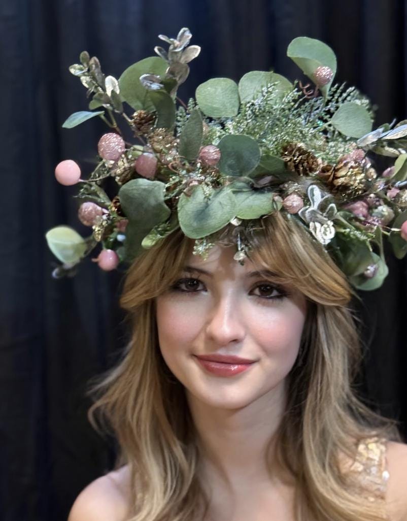 Frosted Eucalyptus Holiday Garland | Pink & Gold Christmas Crown, Woodland Winter Halo, Sparkling Eucalyptus Tiara, Festive Fairy Headpiece
