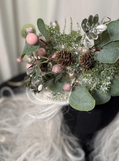 Frosted Eucalyptus Holiday Garland | Pink & Gold Christmas Crown, Woodland Winter Halo, Sparkling Eucalyptus Tiara, Festive Fairy Headpiece