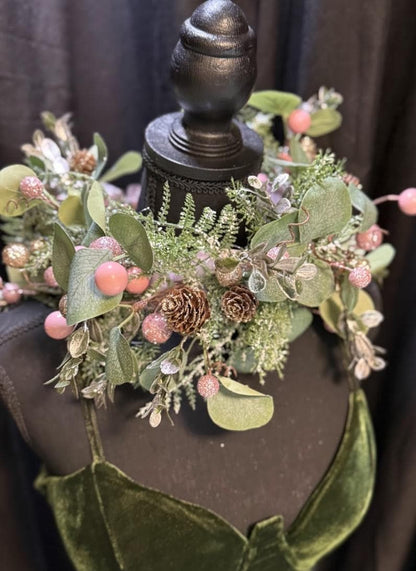 Frosted Eucalyptus Holiday Garland | Pink & Gold Christmas Crown, Woodland Winter Halo, Sparkling Eucalyptus Tiara, Festive Fairy Headpiece