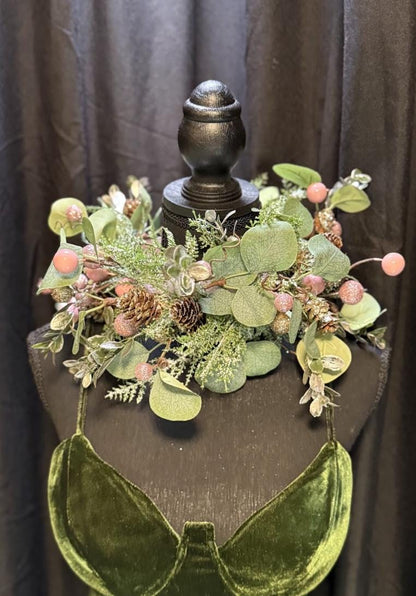 Frosted Eucalyptus Holiday Garland | Pink & Gold Christmas Crown, Woodland Winter Halo, Sparkling Eucalyptus Tiara, Festive Fairy Headpiece