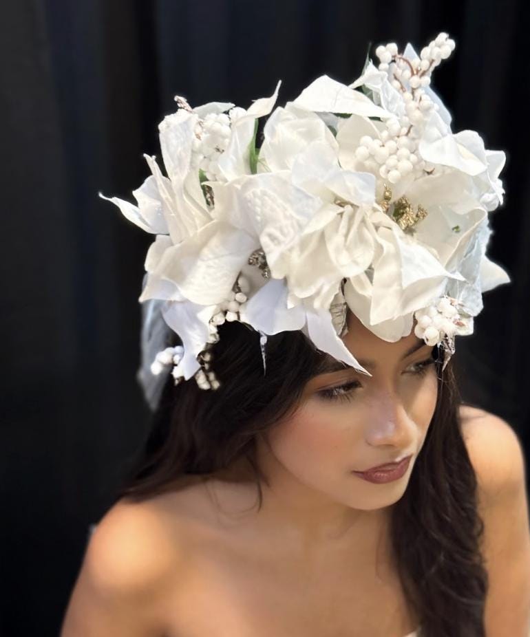 Snowpetal Winter White Poinsettia Garland | Snowy Christmas Crown, White Holiday Halo, Ice Queen Headpiece, Winter Wedding Floral Tiara