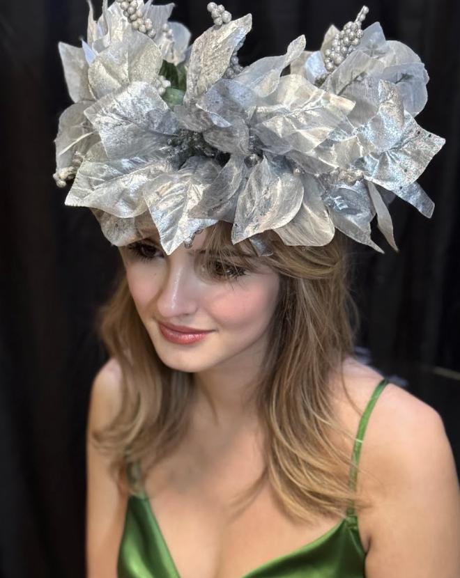 Silver Solstice Poinsettia Garland | Sparkling Silver Christmas Crown, Winter Gala Halo, Ice Queen Tiara, Holiday Photoshoot Headpiece