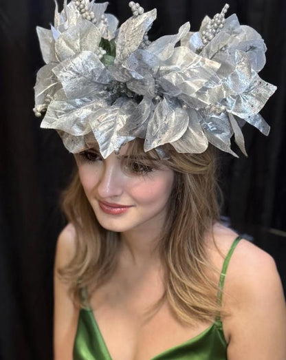 Silver Solstice Poinsettia Garland | Sparkling Silver Christmas Crown, Winter Gala Halo, Ice Queen Tiara, Holiday Photoshoot Headpiece