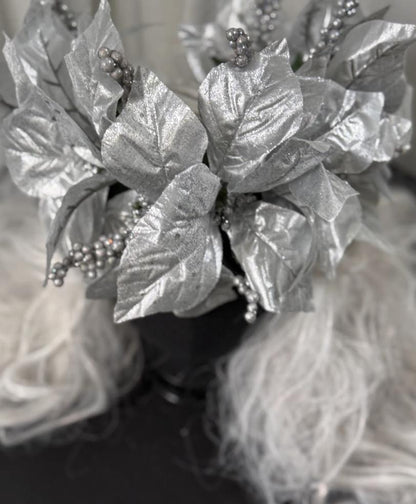 Silver Solstice Poinsettia Garland | Sparkling Silver Christmas Crown, Winter Gala Halo, Ice Queen Tiara, Holiday Photoshoot Headpiece