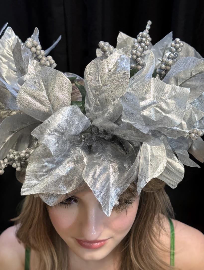 Silver Solstice Poinsettia Garland | Sparkling Silver Christmas Crown, Winter Gala Halo, Ice Queen Tiara, Holiday Photoshoot Headpiece