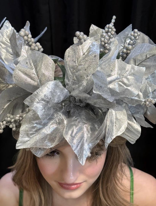 Silver Solstice Poinsettia Garland | Sparkling Silver Christmas Crown, Winter Gala Halo, Ice Queen Tiara, Holiday Photoshoot Headpiece