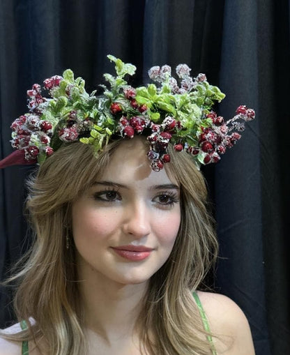 Cranberry Frost Winter Berry Garland | Frosted Red Berry Crown, Christmas Woodland Halo, Snow-Kissed Headpiece, Winter Photoshoot Tiara